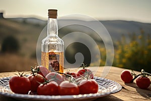 Red tomatoes on the old table in a country kitchen.