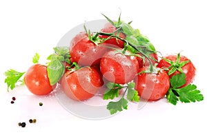 Red tomatoes, parsley and basil with water drops.