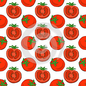 Red tomatoes, seamless pattern. Hand drawn sketch, vector background