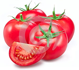 Red tomatoes and tomato slice isolated on white background