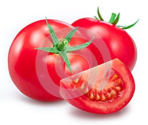 Red tomatoes and tomato slice isolated on white background