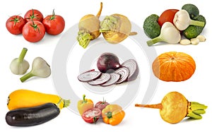 Red tomatoes turnip cucumbers garlic onion pumpkin zucchini eggplant Bell peppers on a white background