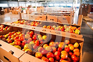 Red tomatoes on vegetable processing factory
