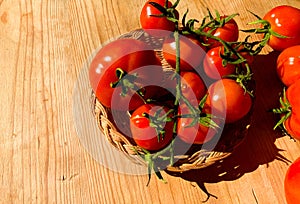Red tomatoes on a wooden background.Fresh vegetables top view with copy space for text. Flat lay. The concept