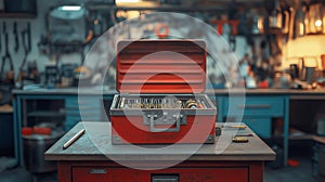 Tool box filled with various tools in a workshop environment
