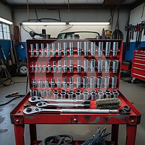A red tool cart on wheels sits in a workshop, filled with an array of metal socket wrenches and ratchets of various sizes