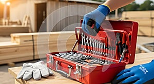 Red Toolbox With Organized Hand Tools On Wooden Workbench At Construction Site