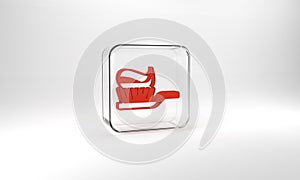 Red Toothbrush with toothpaste icon isolated on grey background. Glass square button. 3d illustration 3D render