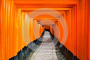 Red Tori Gate at Fushimi Inari Shrine in Kyoto, Japan.