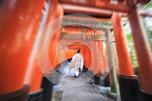 Red Tori Gate at Fushimi Inari Shrine in Kyoto, Japan, selective