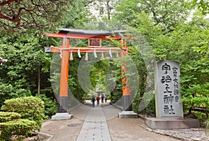 Red torii gate of Ujigami Shinto Shrine in Uji, Japan