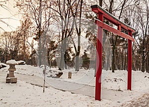 Red torii in a Japanese garden in Kiev