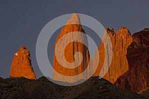 Red torres del paine towers at sunrise