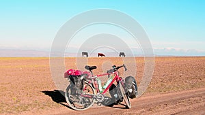 Red touring bicycle loaded with heavy gear in four pannier bags stand on side of asphalt road surrounded by summer nature and
