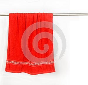 Red towel hang on rack with clip