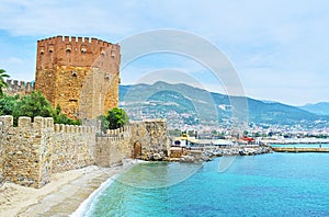 The Red Tower behind Alanya fortress wall