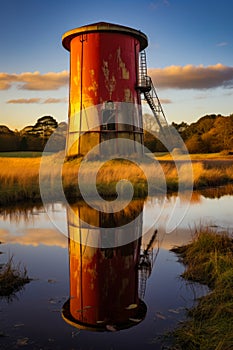 Red tower with ladder next to body of water. Generative AI