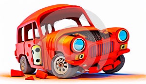 Red toy car with hole in the front of it's hood. Generative AI