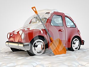 Red toy car and snow. 3D rendering