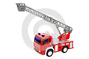 Red toy fire truck with ladder, on white background, isolated image