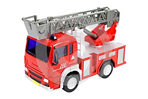 Red toy fire truck, on a white background, isolated image