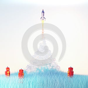 Red toy robots watch cute vintage rocket launch with soft fluffy smoke on light blue background on blue grass 3d render