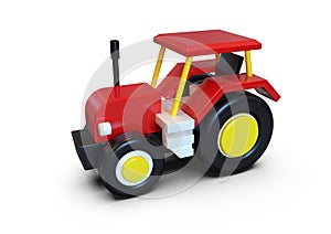 Red toy tractor vehicle, simple volume on white background