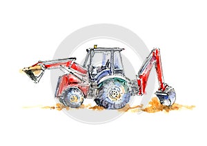 Red tractor .Farming machine. White background.