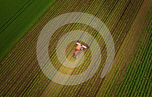 Red tractor in the field