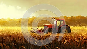 A red tractor is in a field of tall grass by AI generated image