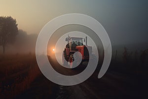 red tractor with headlights on at dawn foggy field. fog at sunrise, Generative AI