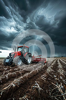 Red tractor with plow in stormy field, lightning in background.