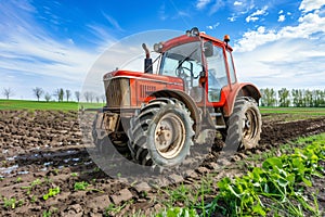 Red tractor plowing muddy farmland under clear sky