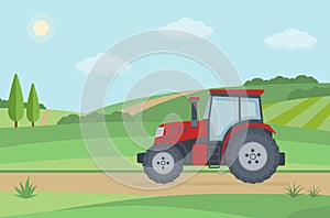 Red tractor on rural landscape background.