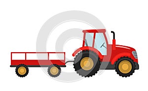Red Tractor with trailer. Vector illustration in flat style isolated on white background