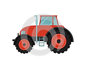 Red tractor for transportation of large loads. Agricultural machinery in flat cartoon style