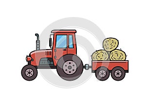 Red tractor with trolley full of hay bales. Farm vehicle, side view. Isolated image on white background. Vector