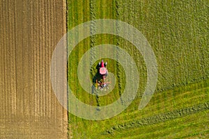 Red tractor windrowing hay, top down aerial view