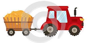 Red tractor with wooden trailer with straw, agricultural equipment in cartoon style isolated on white background