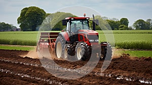 Red tractor working on a field in the Netherlands. AI Generative