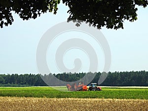 Tractor working in potato field, Lithuania