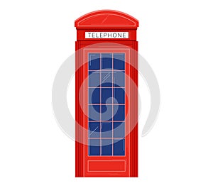 Red traditional British telephone box on white backdrop. Classic English phone booth, London symbol vector illustration