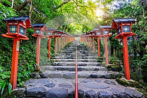 The red traditional light pole at Kifune shrine, Kyoto in Japan