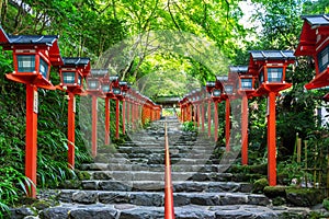 The red traditional light pole at Kifune shrine, Kyoto in Japan.