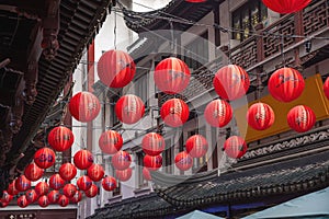Red traditional paper lanterns with Chinese zodiac pattern