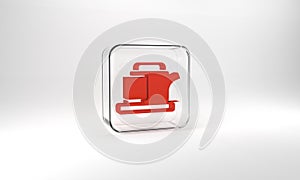 Red Traditional tea ceremony icon isolated on grey background. Teapot with cup. Glass square button. 3d illustration 3D