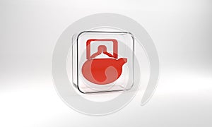 Red Traditional tea ceremony icon isolated on grey background. Teapot with cup. Glass square button. 3d illustration 3D