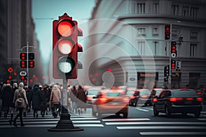 red traffic light against the backdrop of busy city street, with people and cars passing by