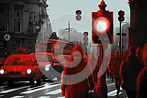 red traffic light against the backdrop of busy city street, with people and cars passing by