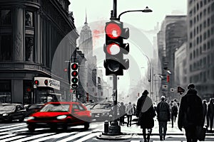 red traffic light against the backdrop of busy city street, with people and cars passing by